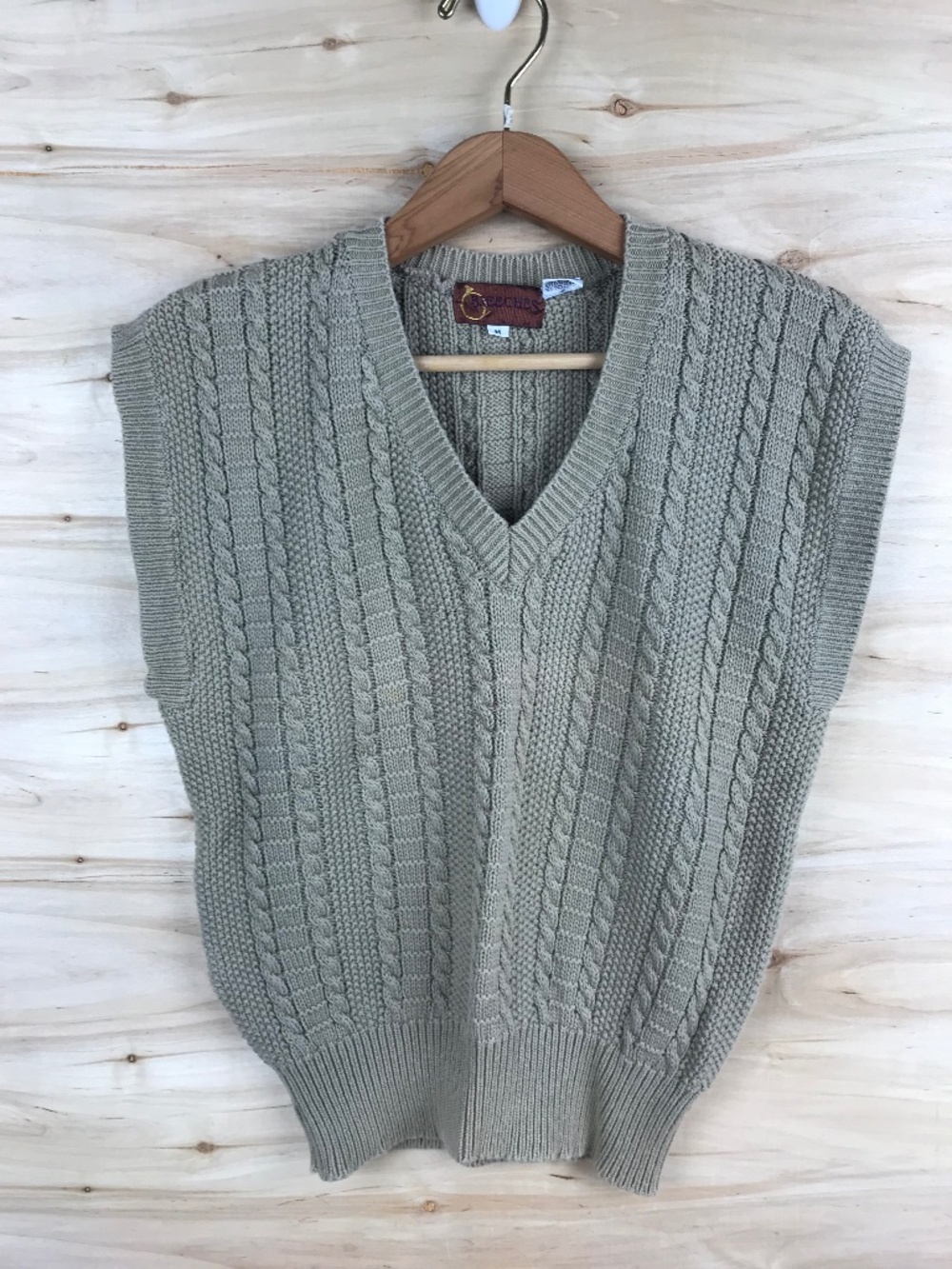 Vintage Sweater Vest Unisex Medium‎ Brown Tan Cable Knit Breeches Hong Kong 80s